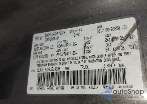 2002 Dodge Ram 1500 St из США, поврежденный, VIN 1D3HA18Z22J214386